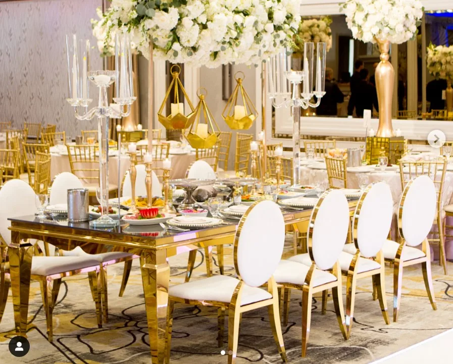 

Tempered Mirror Glass Big Rectangle Stainless Steel Dining Rental Wedding Table Furniture In Gold, Rose Gold or Silver