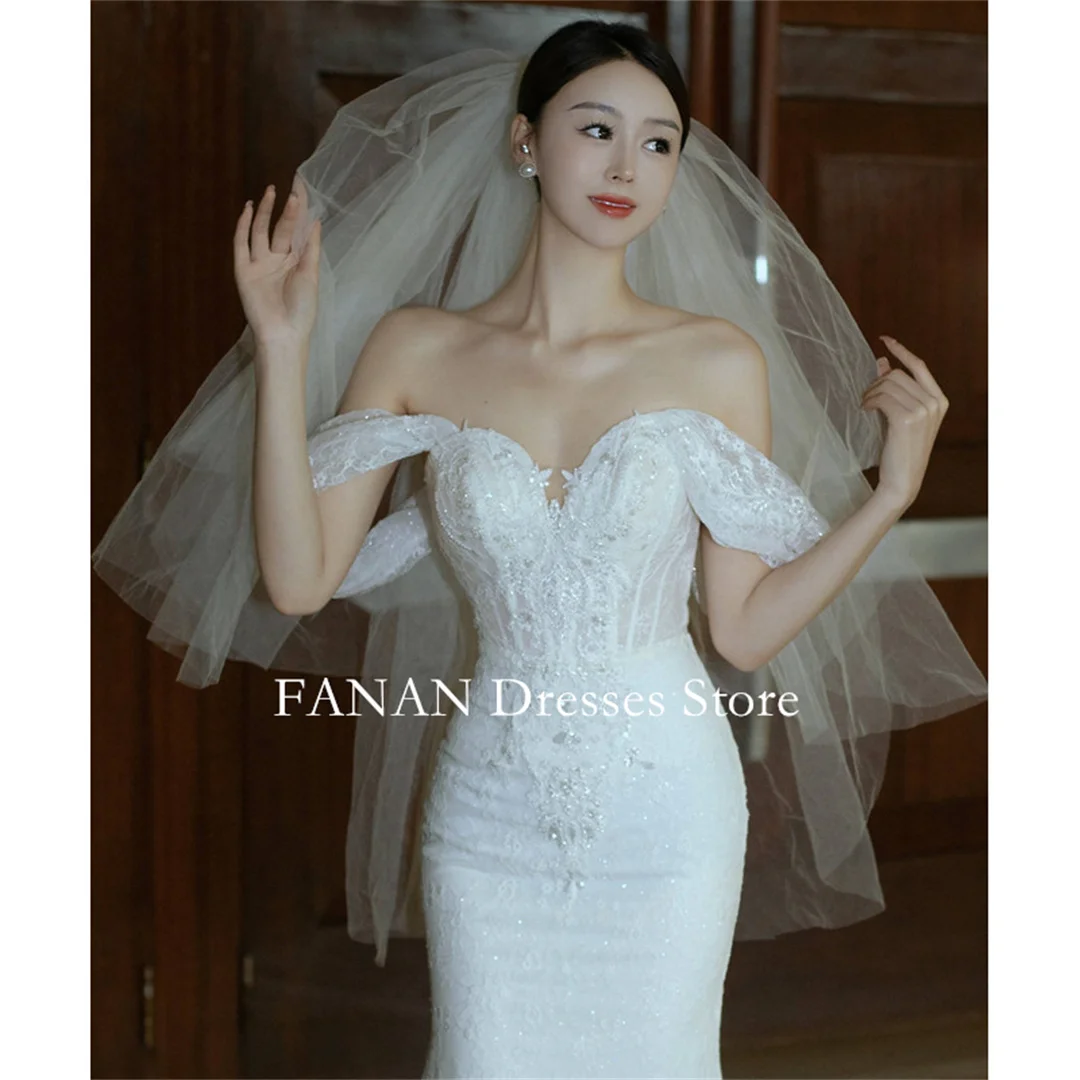 Фото Женское винтажное свадебное платье FANAN, корейский стиль, открытые плечи, Русалка, короткий рукав, индивидуальный пошив, свадебное платье №4