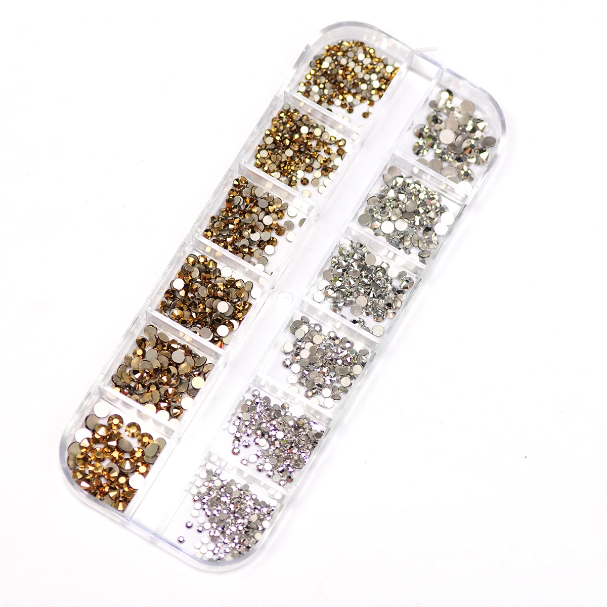 

12 Grids Aurum/Light Chrome Round Nail Art Decorations Crystal Nail Accesories Flat Back Nail Parts Rhinestones Glitter Gems