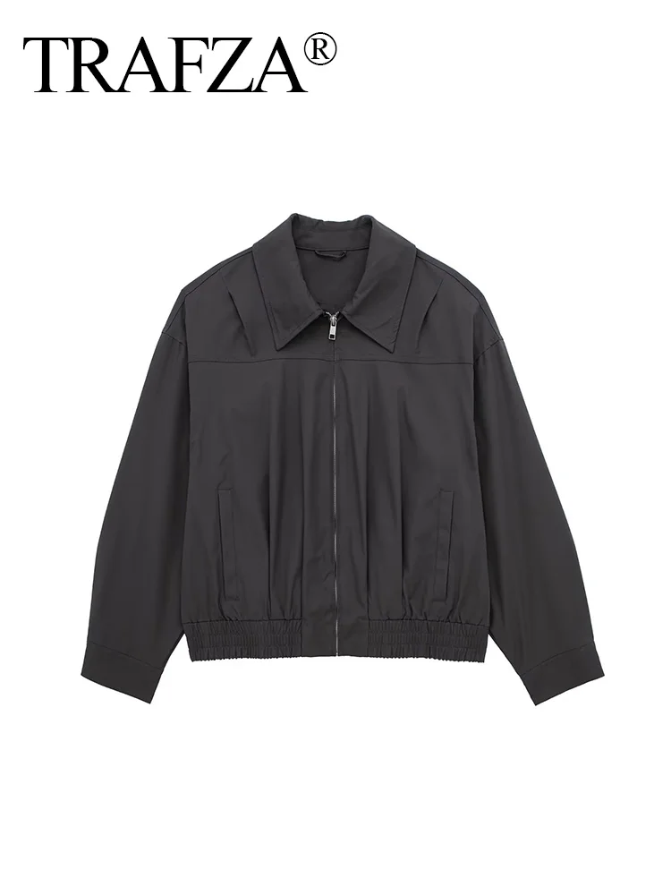 

TRAFZA 2023 Autumn Vintage Black Solid Oversized Bomber Jacket Long Sleeve Loose Casual Fashion Woman Clothing Streetwear