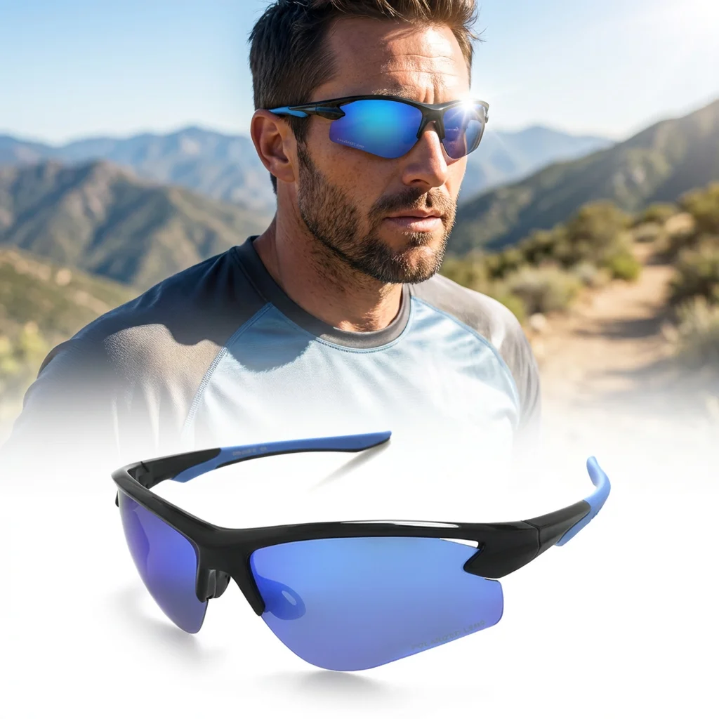 Фото Мужские поляризованные солнцезащитные очки для рыбалки HD Lake Vision Sport UV400 с полуоправой, зеркальные, для активного отдыха №1