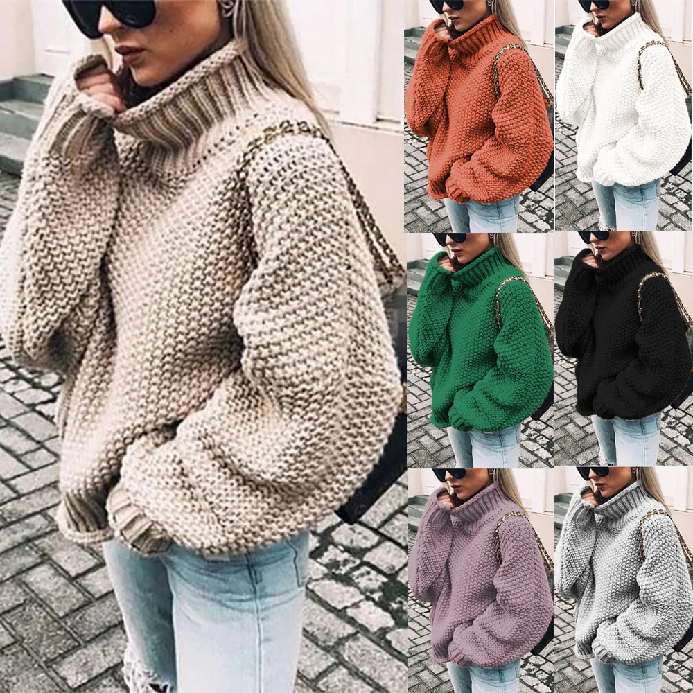 

Oversize Women Sweater Pullover Long Sleeve Knit Loose Fall Fashion New Knit High Neck Winter Solid Bat Sleeve Fluffy Sweater