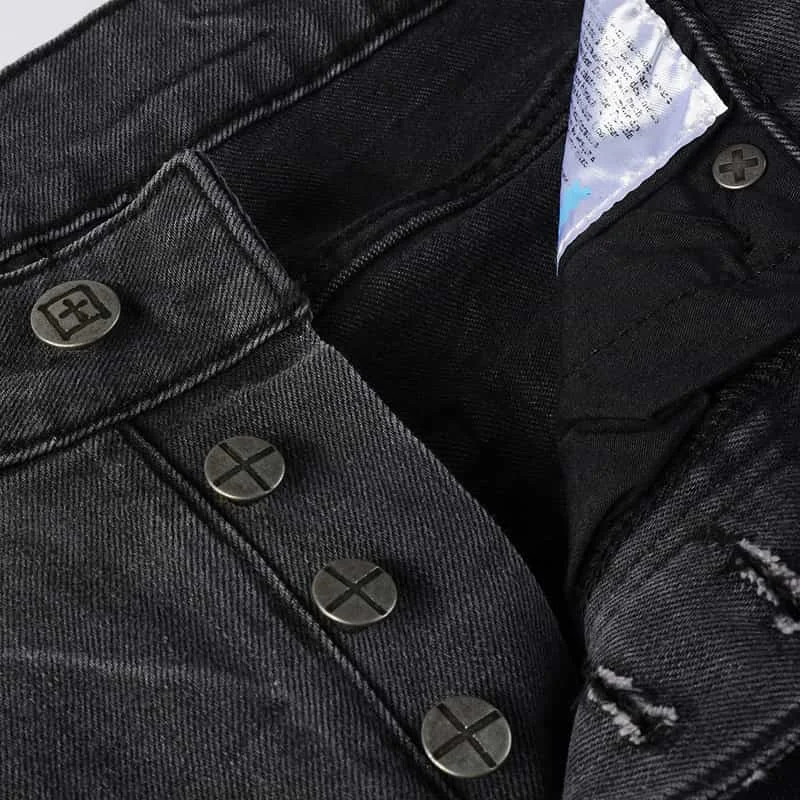 Фото Джинсы KSUBI Cross Jeans American High Street с отверстиями для мужчин и женщин, трендовые узкие плиссированные рваные однотонные черные джинсовые брюки с низкой посадкой №3