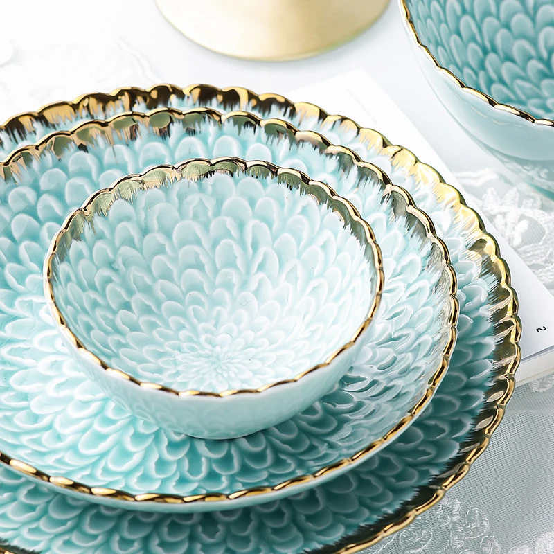 

Macaroon Creative Ceramic Round Chrysanthemum Dinner Plate Fruit Salad Cake Steak Western Kitchen Tableware High Quality Gift
