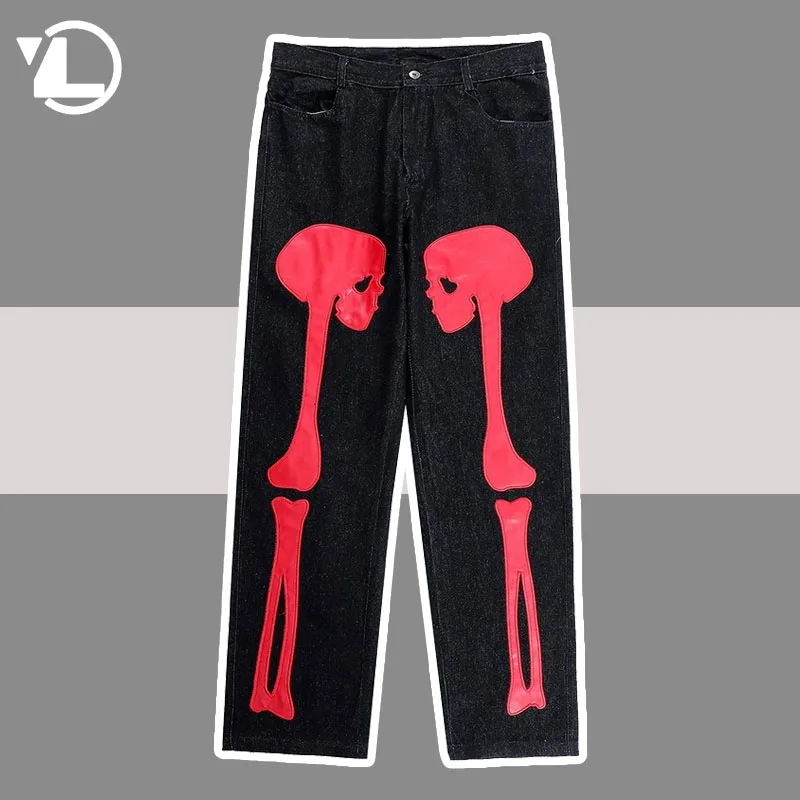 

Leather Skull Bone Embroidery Jeans Men Retro Harajuku Ripped Washed Pockets Denim Pants Punk Streetwear Casual Jean Trousers