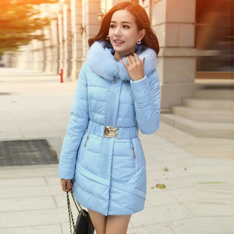 Big Fur Collar Winter Jacket Women 2022 Slim Long Down Cotton Coats Warm Belt Parkas Hooded Padded Outerwear Famale Clothing