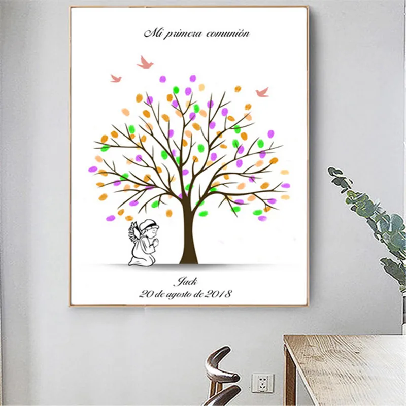 

HAOCHU Free Customized Fingerprint Canvas Painting Guest Book DIY My First Communion Souvenir Children Boys Baptism Suuply Tree