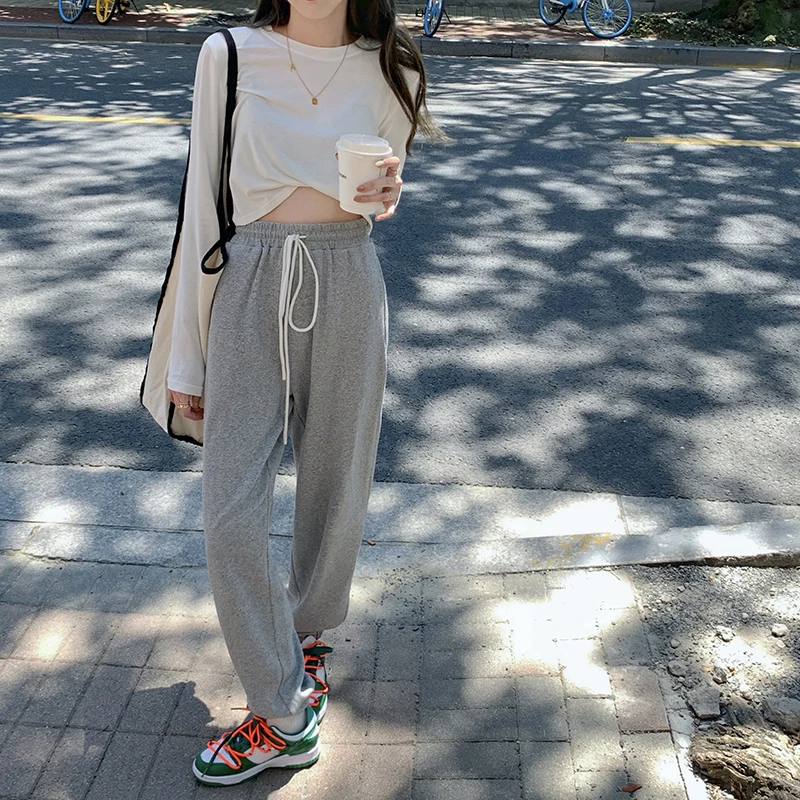 

Women Autumn Elastic Waist Sports Pants High Waist Loose Harlan Casual Pants+Long Sleeve Tops Female Wide-leg Solid Trousers