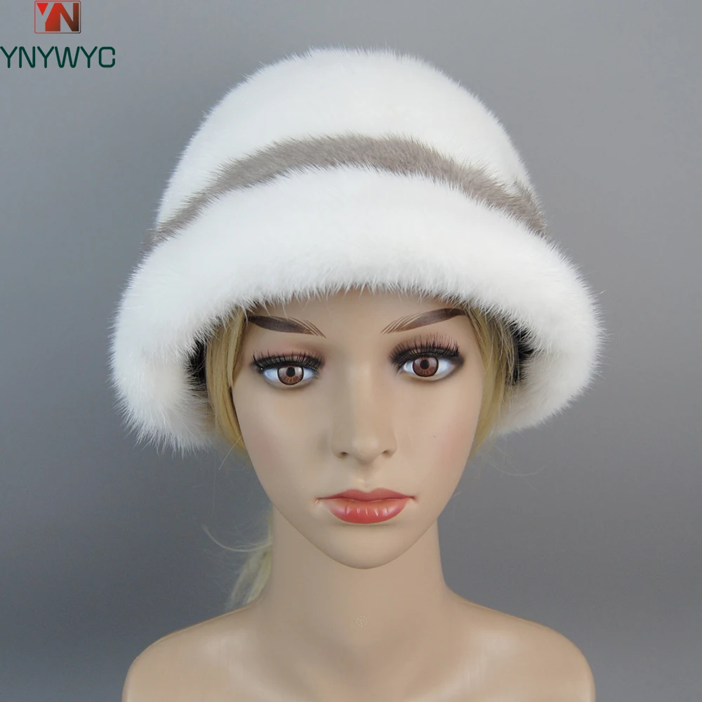 2023 New Russian Girl Soft Knitting Real Fur Bucket Hats Woman Winter Solid Mink Caps With Fashion arrow Natural Mink Fur Hats