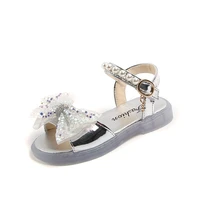 2022 new kids girls summer bow sandals princess beautiful party shoes soft solid beige versatile flat pearls children open toe