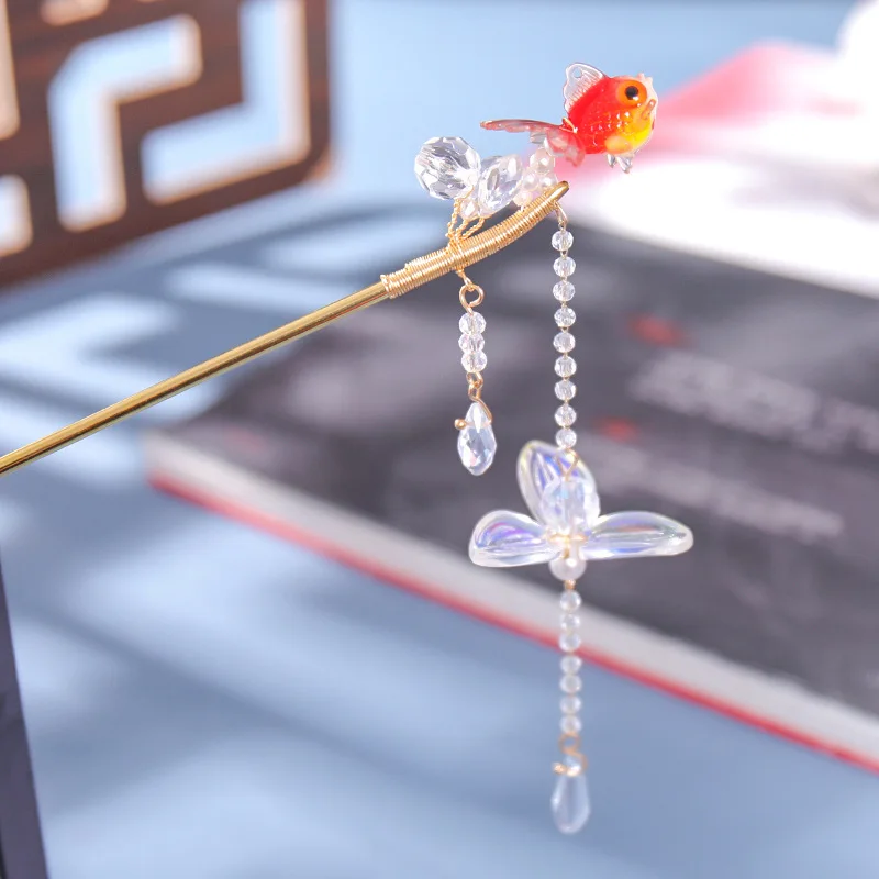 Chinese Ancient Style Red Carp Hairpin Pearl Alloy Tassel Headdress Women Bridal Chinese Ancient Style Pearl Alloy Tassel LL@17 images - 6