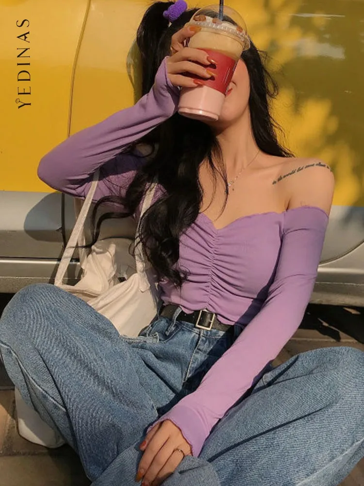 

Укороченный топ с открытыми плечами Yedinas, женская одежда в стиле Харадзюку, облегающие сексуальные женские топы, летние винтажные футболки ...