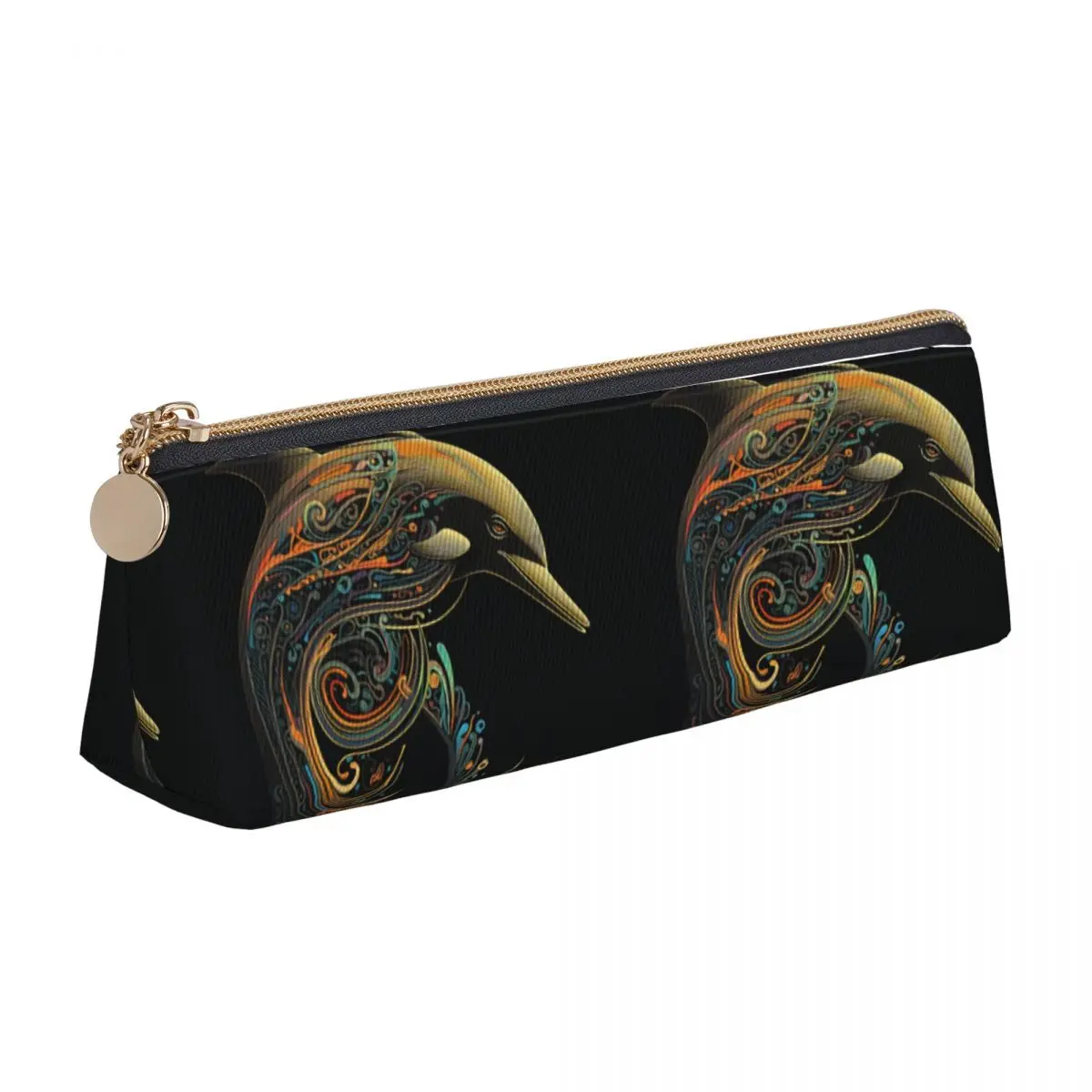 

Dolphin Triangle Pencil Case Intricate Lines Religious Art Back to School Large Zipper Pencil Box Teens Retro Leather Pen Bags