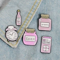 pink clock music player bottle enamel pins sleep alarm clock fix love dream bottle brooches badges lapel pin gift for friends