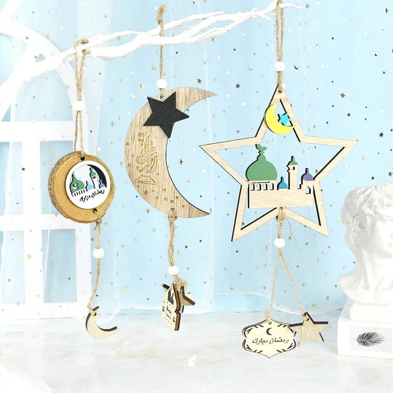 

Eid Mubarak Moon Star Wooden Hanging Pendant Ramadan Kareem Decor Islam Muslim Festival Party DIY Wooden Craft Decor