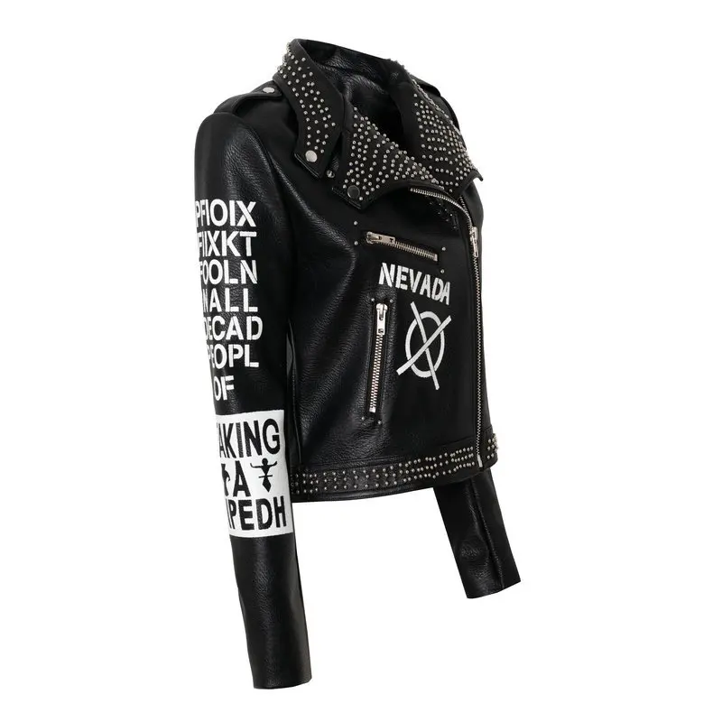 Ladies autumn and winter new hot selling street rock punk fun girl graffiti print colorblock rivet leather jacket spot