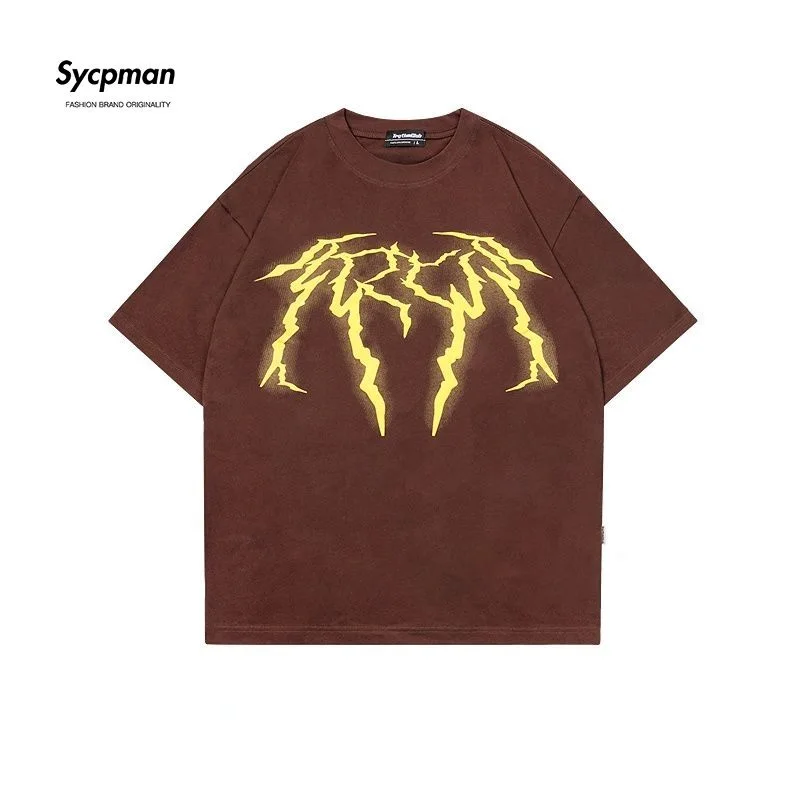 

Sycpman American Vintage Lightning Printed Cotton Short Sleeve Tee Men Oversized Versatile T Shirt