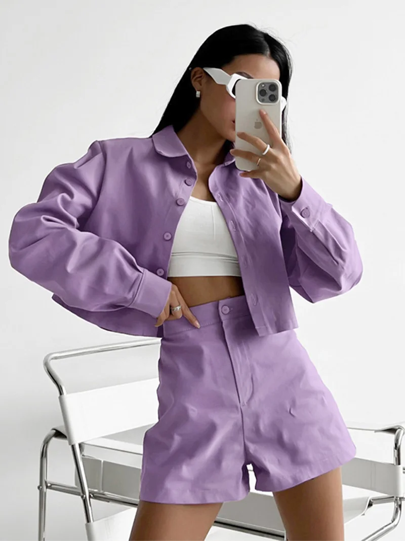 

2022 Women Autumn Winter Shorts Sets Solid Purple Outfits Office Long Sleeve Crop Shirt Suit 2 Two Piece Set For Women