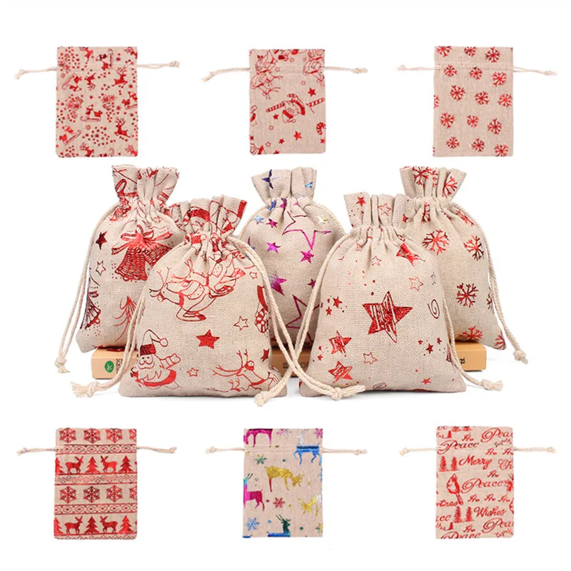 

10pcs 10x14 13x18cm Colored Deer Burlap Bags Jewelry Packaging Christmas Gift Bags Wedding Party Drawstring Candy Bags