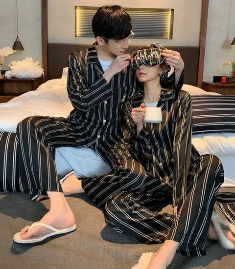 Lovers pajamas for men and women age season thin men leisurewear silk long-sleeved suit for young students