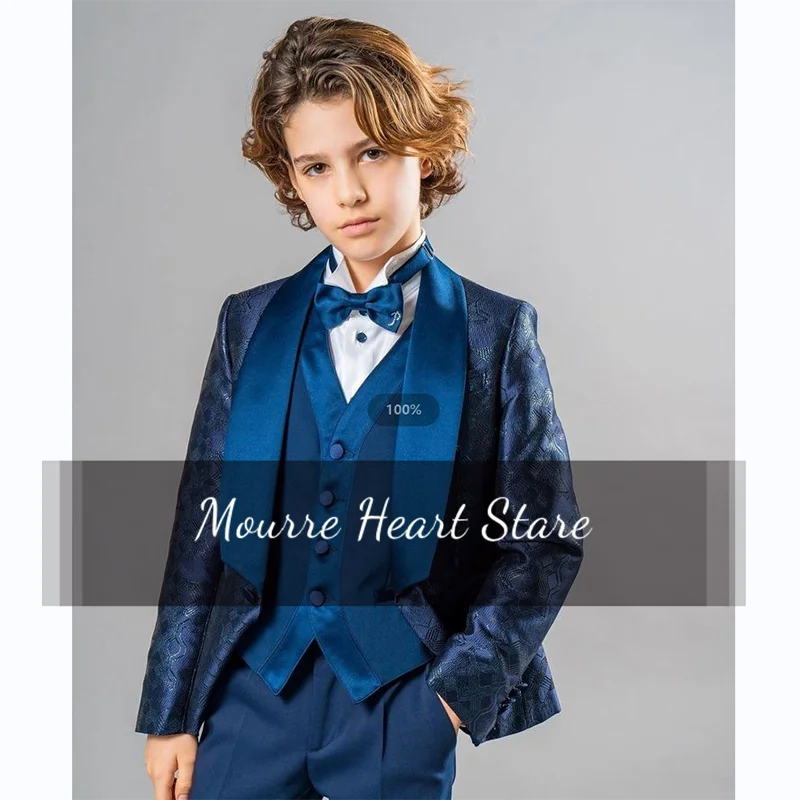 Jacquard Christening Suit Child Casual Shawl Collar Jacket Set (Jacket + Vest + Pants) Suitable For Wedding Handsome Costume