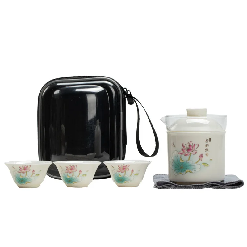 

Семейный дорожный чайный набор с цветком лотоса, переносная чайная чашка на открытом воздухе, подарок на чайную церемонию кунг-фу, сопутств...