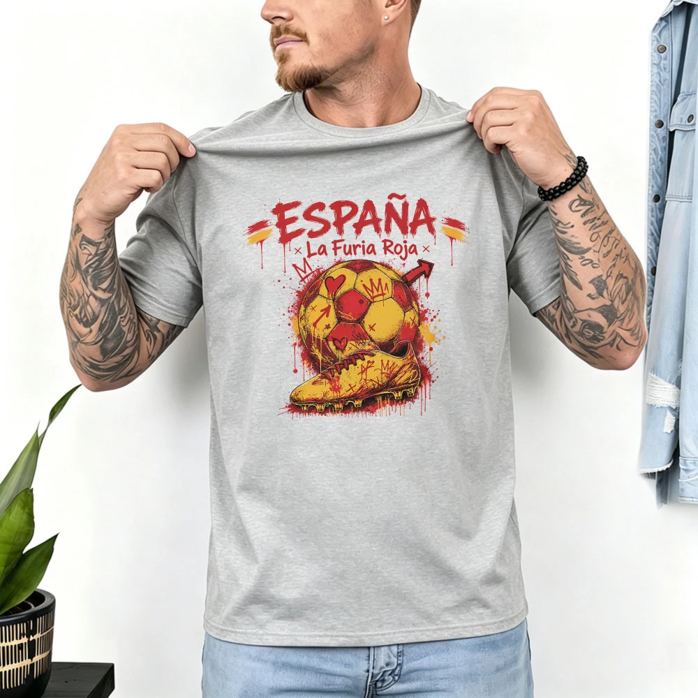 Фото Футболка для болельщиков сборной Испании La Furia Roja España, винтажная, с красными брызгами краски, к Чемпионату мира 2026, подарок для футбольных фанатов, хлопковая футболка для болельщиков Испании №2