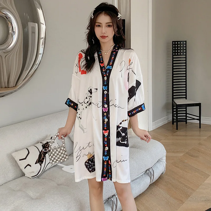 V-neck Stain Pajamas for Women Nightwear Silk Nightgown Five-point Sleeve Thin V-neck Cardigan Loose Sexy Sleepwear Night Gown