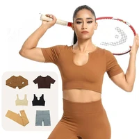 seamless knitted sets push up high waist shorts pents breathable bra sports t shirt fitness top 6 pieces suits women