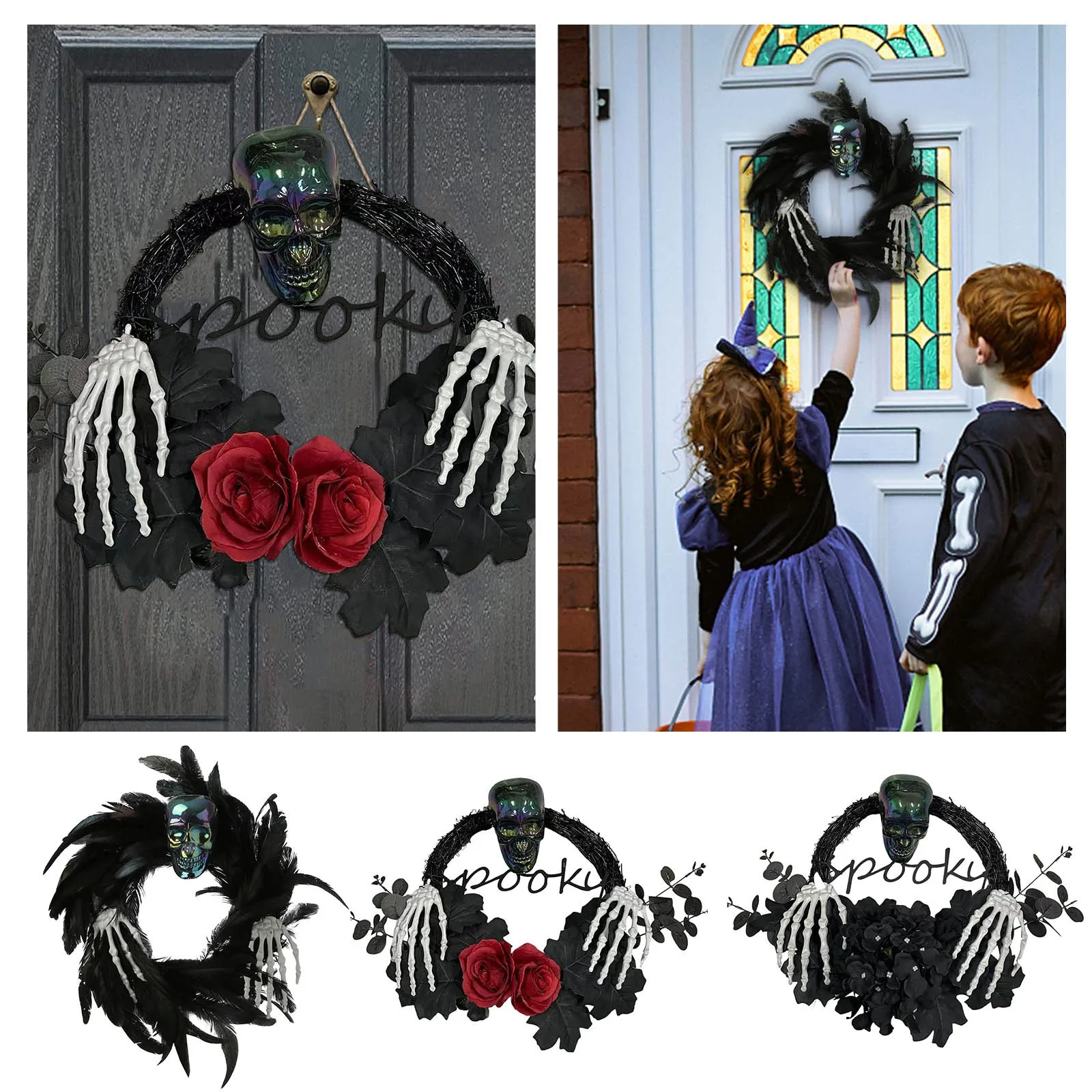 

Halloween Garland Artificial Front Door Wreath With Roses And Skeleton Hands Horror Decorative Garland Window Wall Decoration