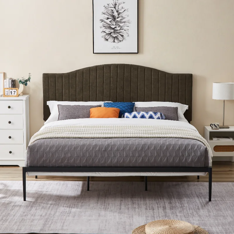 

[Flash Deal]B110 Twin Bed Beautiful Line Stripe Cushion Brown Headboard Strong Iron Frame with High Temperature Paint[US Stock]