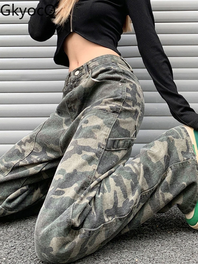 

GkyocQ American Vintage Camo Jeans Women Wide-leg Straight Trousers Men Couple Pants 2022 New Spring High Street Hip-hop Trend