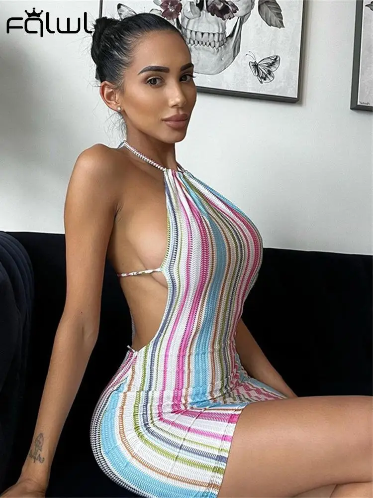 

FQLWL летние сексуальные обтягивающие платья для женщин 2022 ребристые трикотажные мини-платья с лямкой на шее женский открытый сарафан с откры...