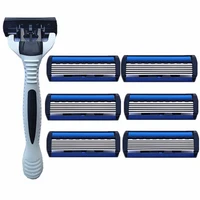 6 layers mens safety razor 1 razor holder 7 replacement blades head cassette hair shaving machine face knife epilator tri