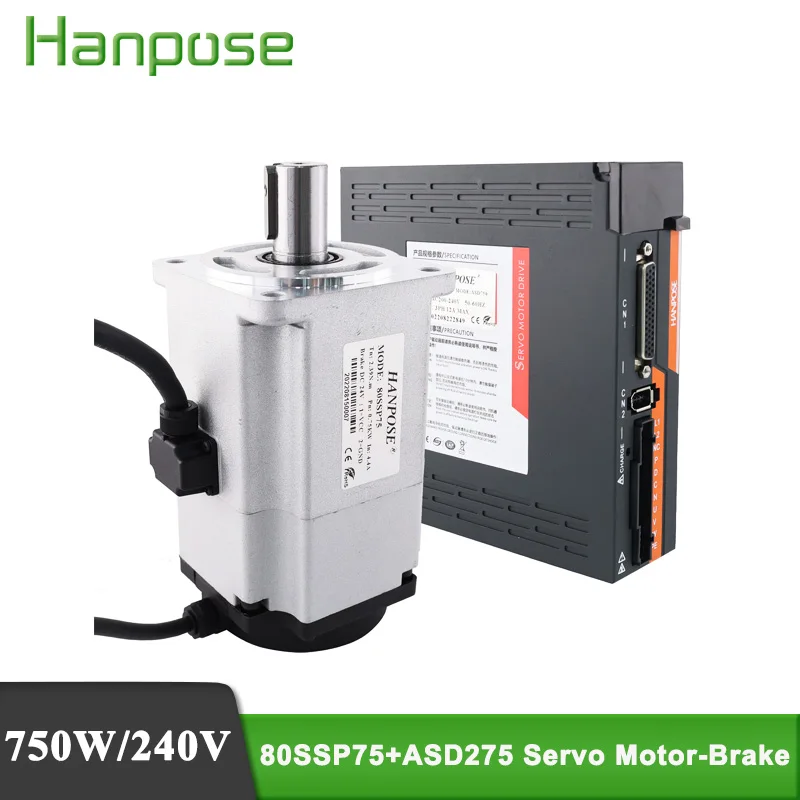 

750W AC Servo Motor With Brake Kit 80SSP75 2.39N.m ASD275 Servo Drive AC200-240V+3M Encoder Cable Medical Machinery Accessories