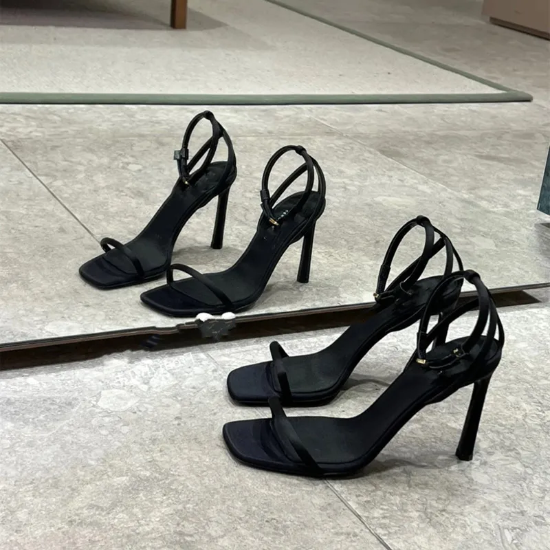 

Ankle-Strap Stilettos Sandals Female Square Toe Open Toe Buckle High Heels Elegant Sexy Black and Hollow At The Back Sandals