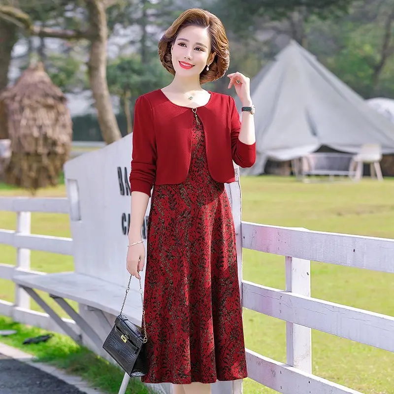 

2022Temperament Dresses For Women spring Autumn Fake two-piece Dress Neck Over The Knee Long Sleeve Simple jacquard Slim Vestido