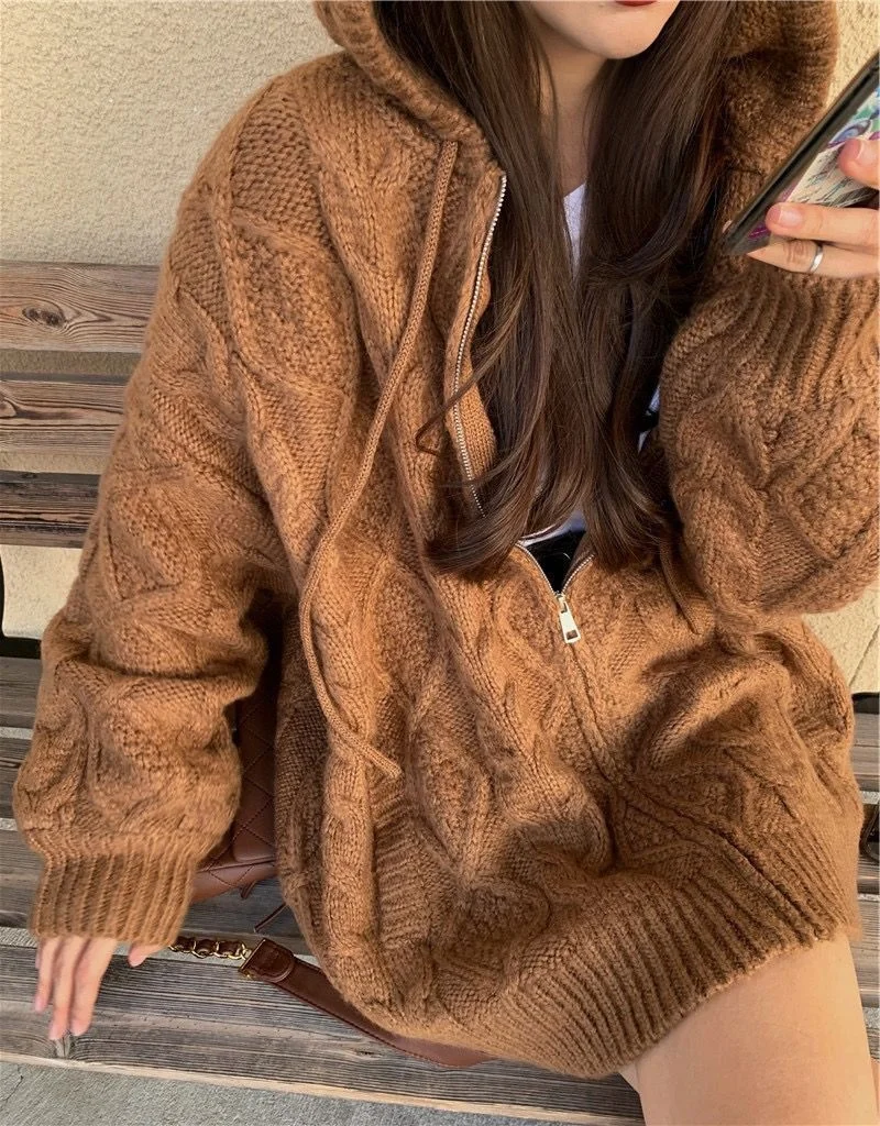 

Lazy style threaded Zip High Hooded Knit women cardigan autumn winter long sleeve top Jacket Street casual loose women sweater