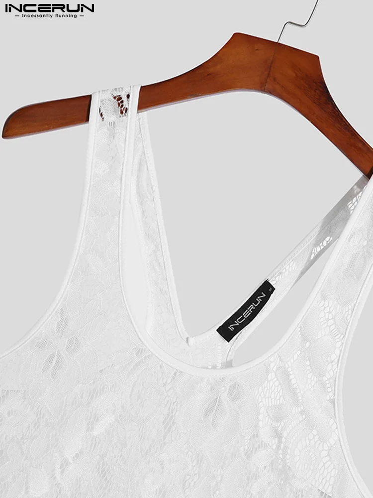 Fashion Homewear Men's Printing Jumpsuit INCERUN 2022 Stylish Male See-though Loose Comfortable Lace Sleeveless Bodysuits S-5XL