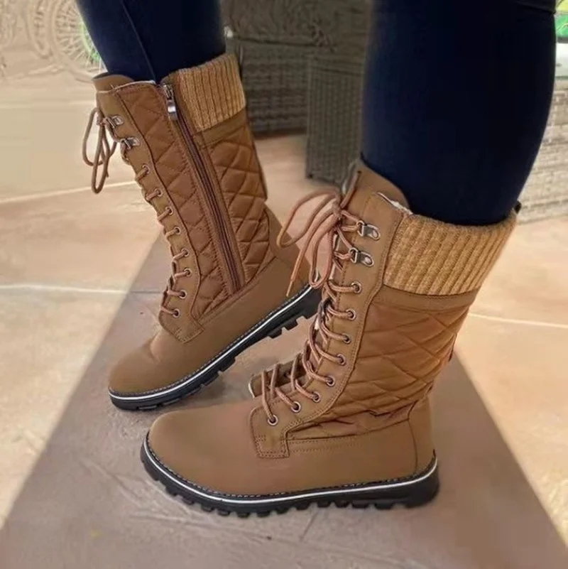 

Women Winter Snow Boots PU Leather Mid-carf Boot Autumn Flat Women's Shoes High Top Botas for Woman Lace up Botas Mujer