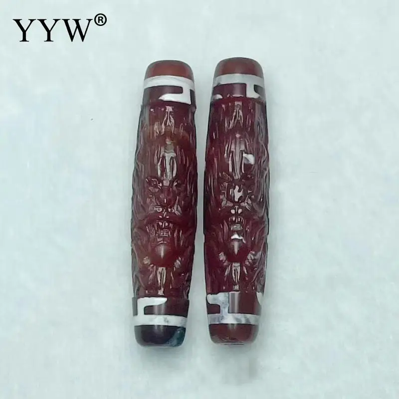 

2PCs/Bag Red Black Dragon Natural Tibetan Dzi Bead Long Size Barrel Carved Agate Stone For Jewelry Making Necklace Bracelet 58mm