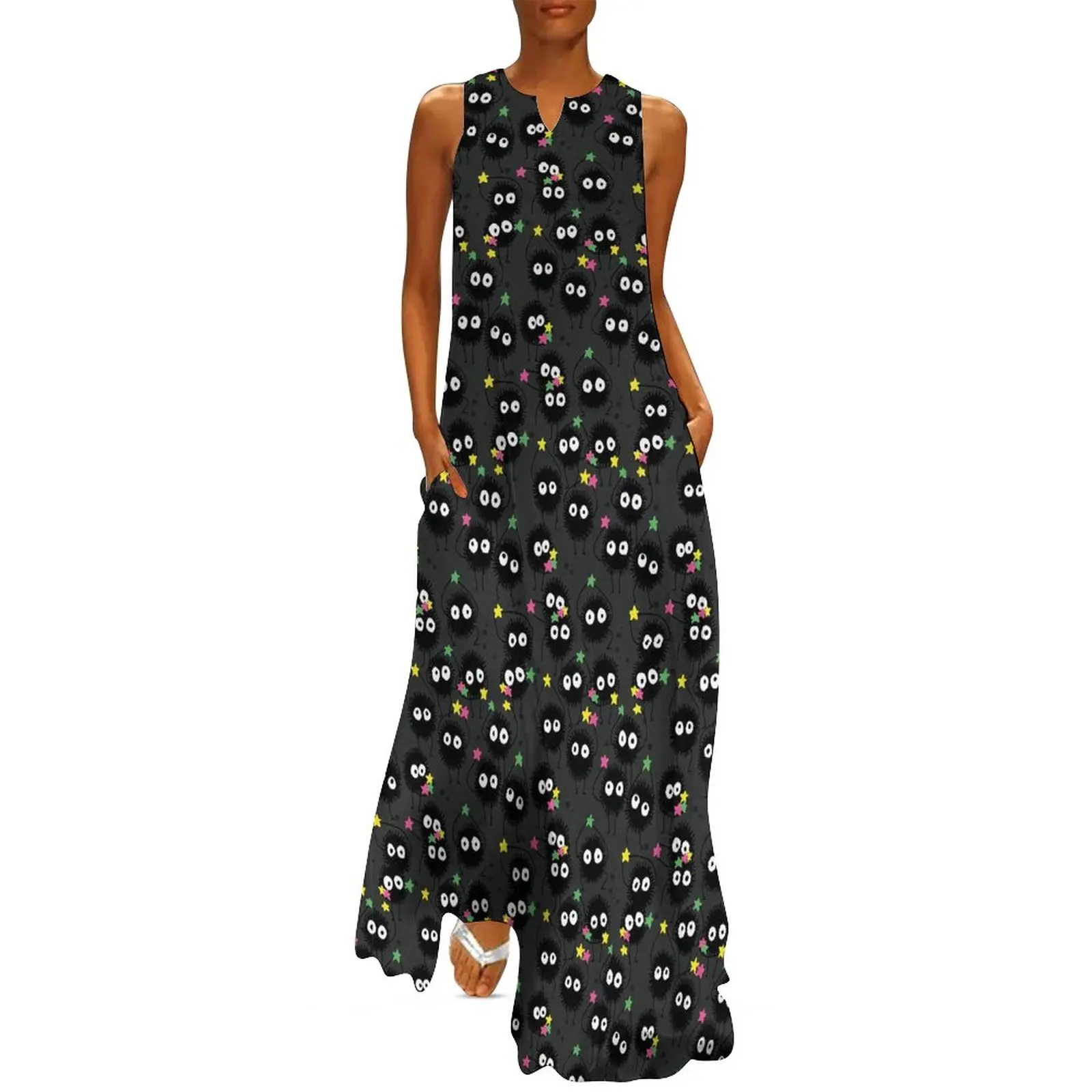 

Spirited Away Dress Cute Russians Print Modern Maxi Dress V Neck Print Bohemia Long Dresses Aesthetic Oversized Vestido