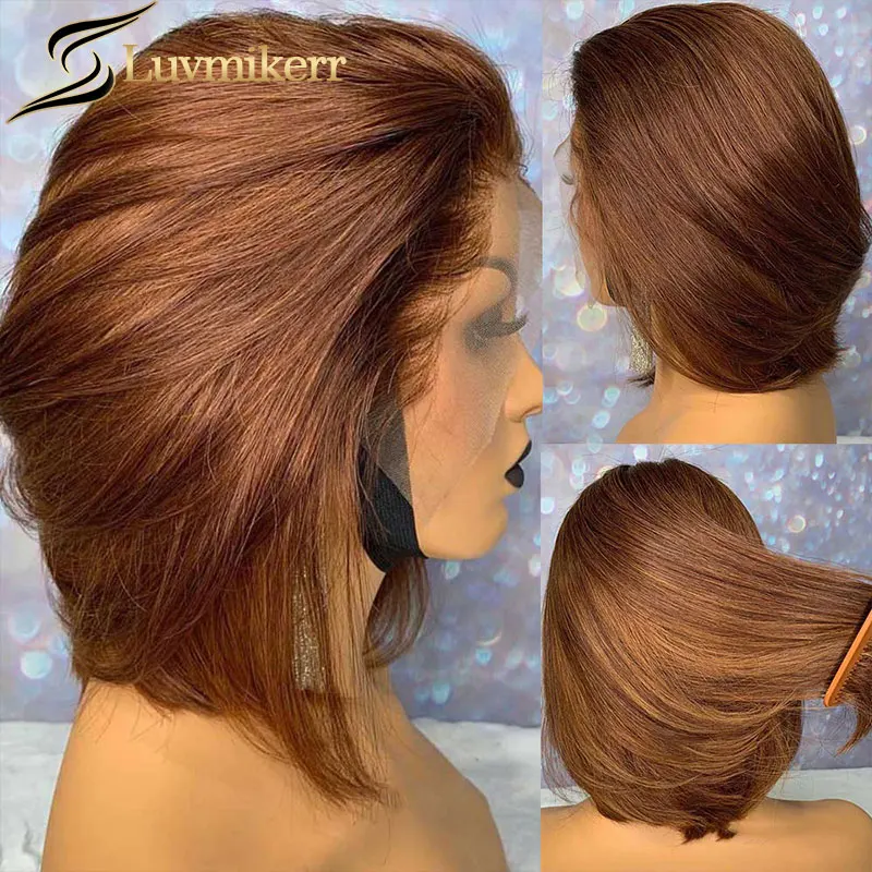 

Straight Short Bob Wig Honey Brown Lace Front Human Hair Wig Brazilian 13x4 Lace Frontal Wigs For Women 250% Density Pre plucked