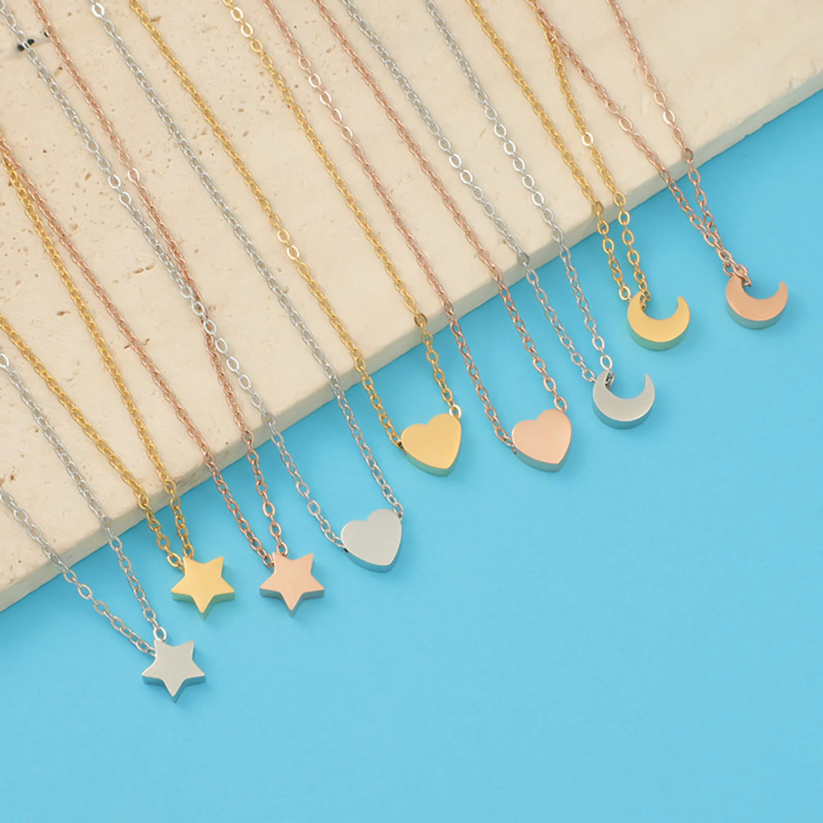 

New Galaxy Moon Star Heart Pendant Necklace Simple Stainless Steel Necklace Gold Color Chains Women Party Jewelry 45cm long,1PC