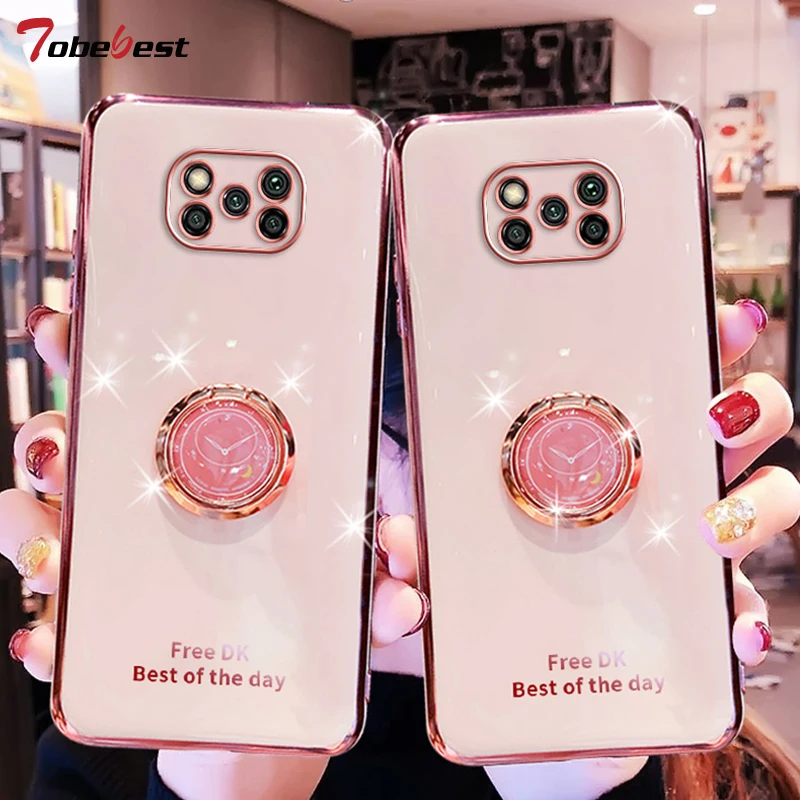 360 clock finger ring phone case for xiaomi poco x3 nfc pro gt plating coque stand bracket soft silicone cover free global shipping