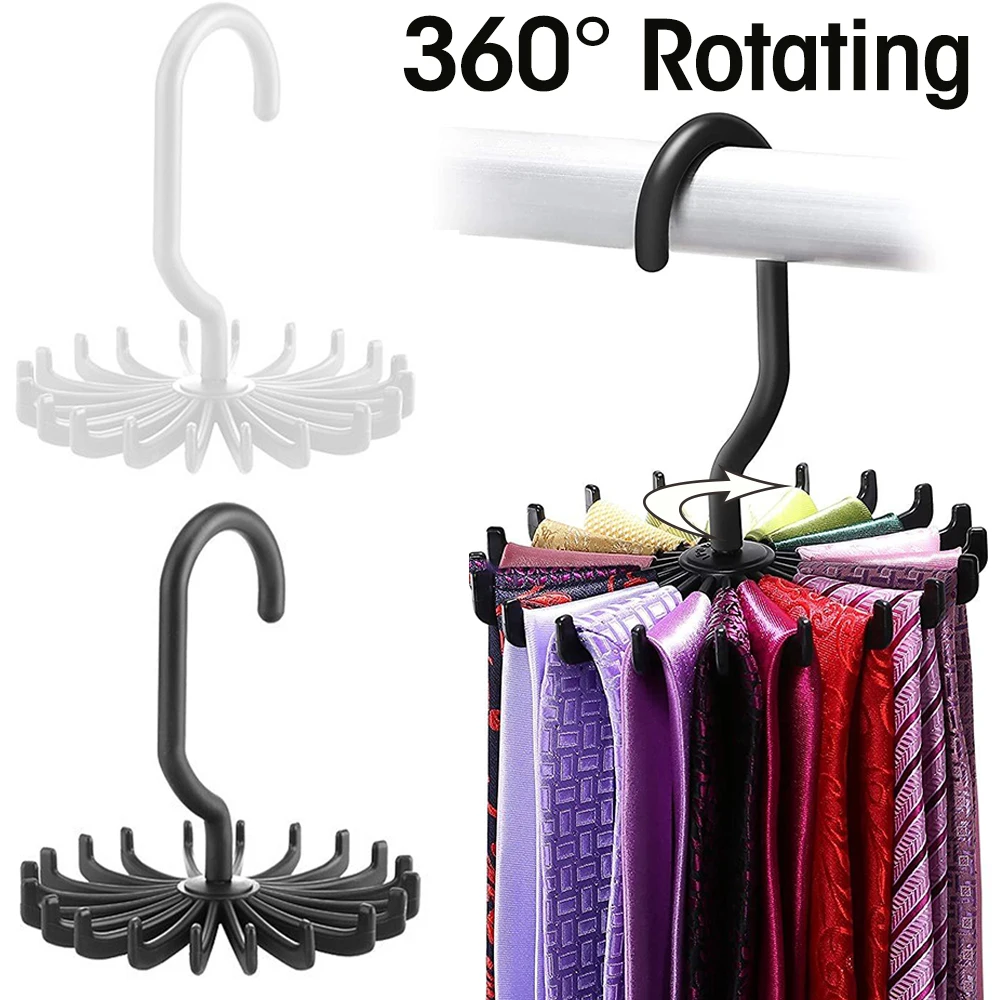 

360° Rotating Tie Rack Belt Hangers 20 Neck Holder Hook for Closet Necktie Belt Silk Scarf Organizer Home Closet Hanging Storage