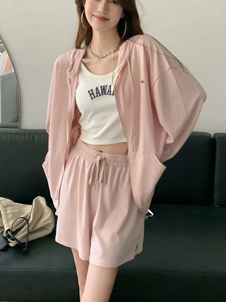 

GUUZYUVIZ Casual Sport Shorts Sets Summer Sleeveless Shorts Tops+High Waist Split Shorts+Long Sleeve Outwear 3 Piece Set Oufits