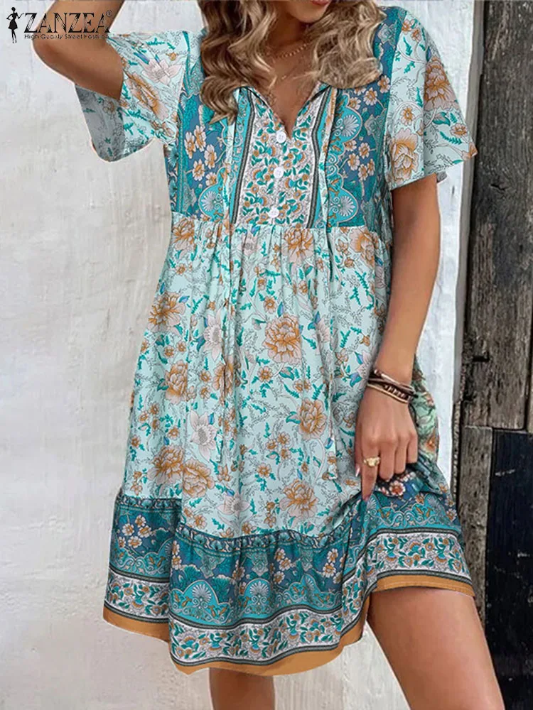 

ZANZEA Women Bohemian Floral Printed Dresses Fashion V Neck Short Sundress Stitching Short Sleeve Vestidos Holiday Female Robes