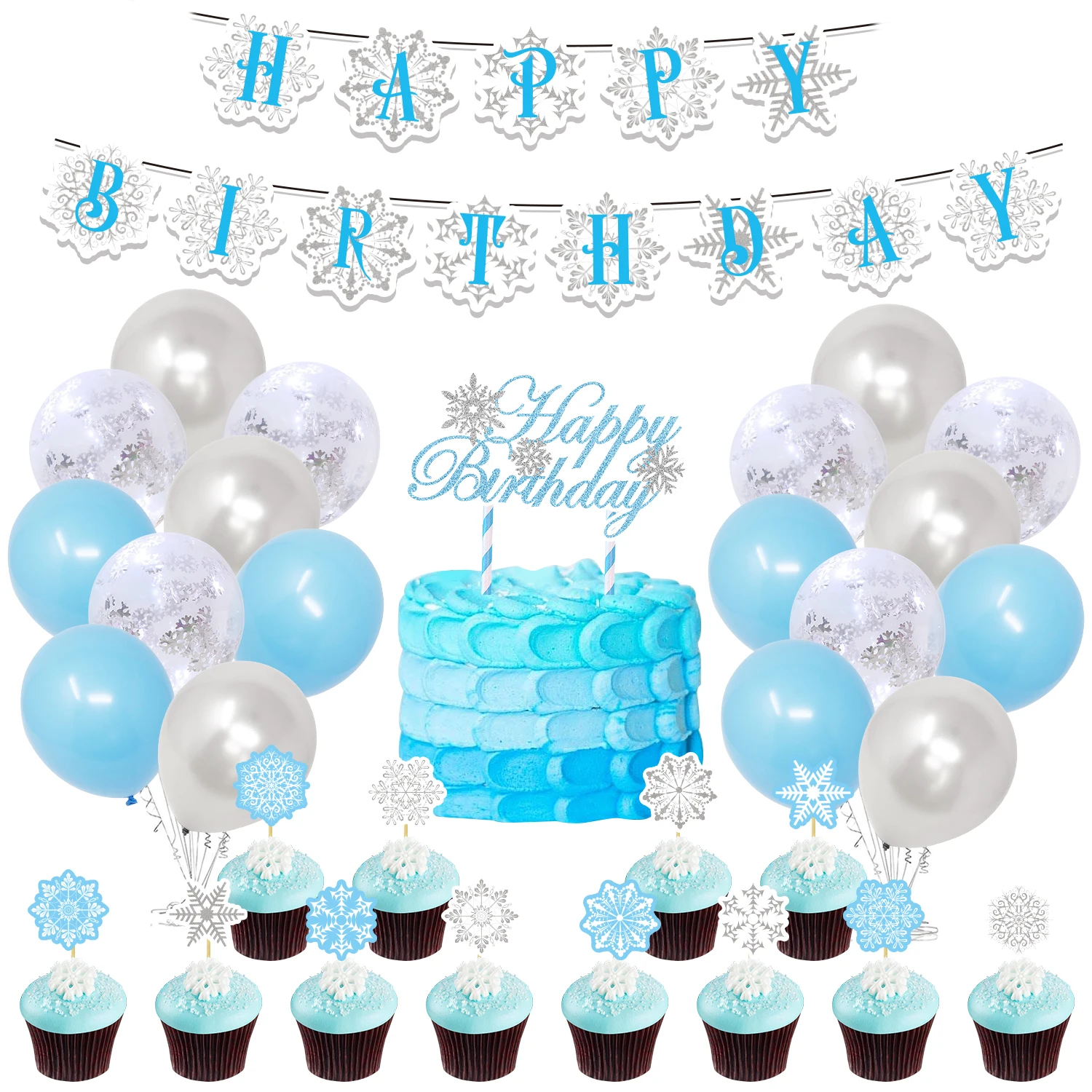 

Snow Birthday Party Balloon Decoration Set Paper Banner Cake Topper Snowflake Confetti Balloons Winter Birthday Party Supplies
