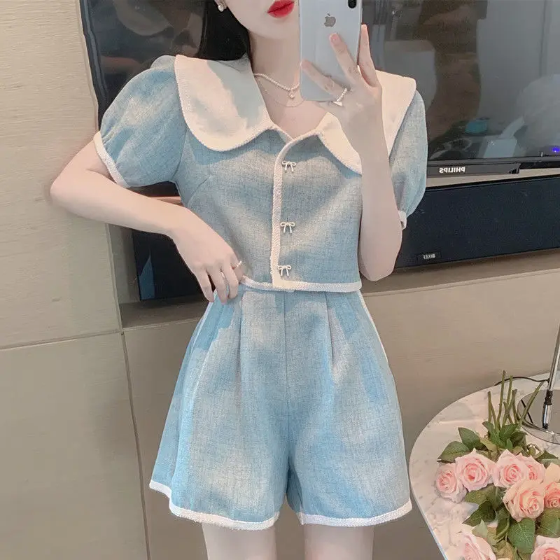 

2022 Women's Summer New Sweet 2 Piece Sets Female Solid Color Short Shirts Ladies High Waist Loose Wide Leg Shorts Suits Y164